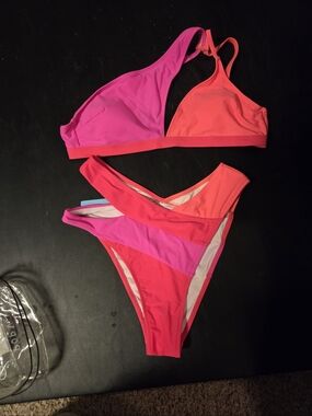 Colorblock Pink & Coral Women’s Triangle Bikini Set